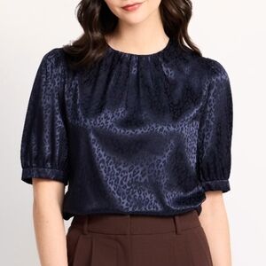 Chic Navy Animal Print Satin Stretch Blouse